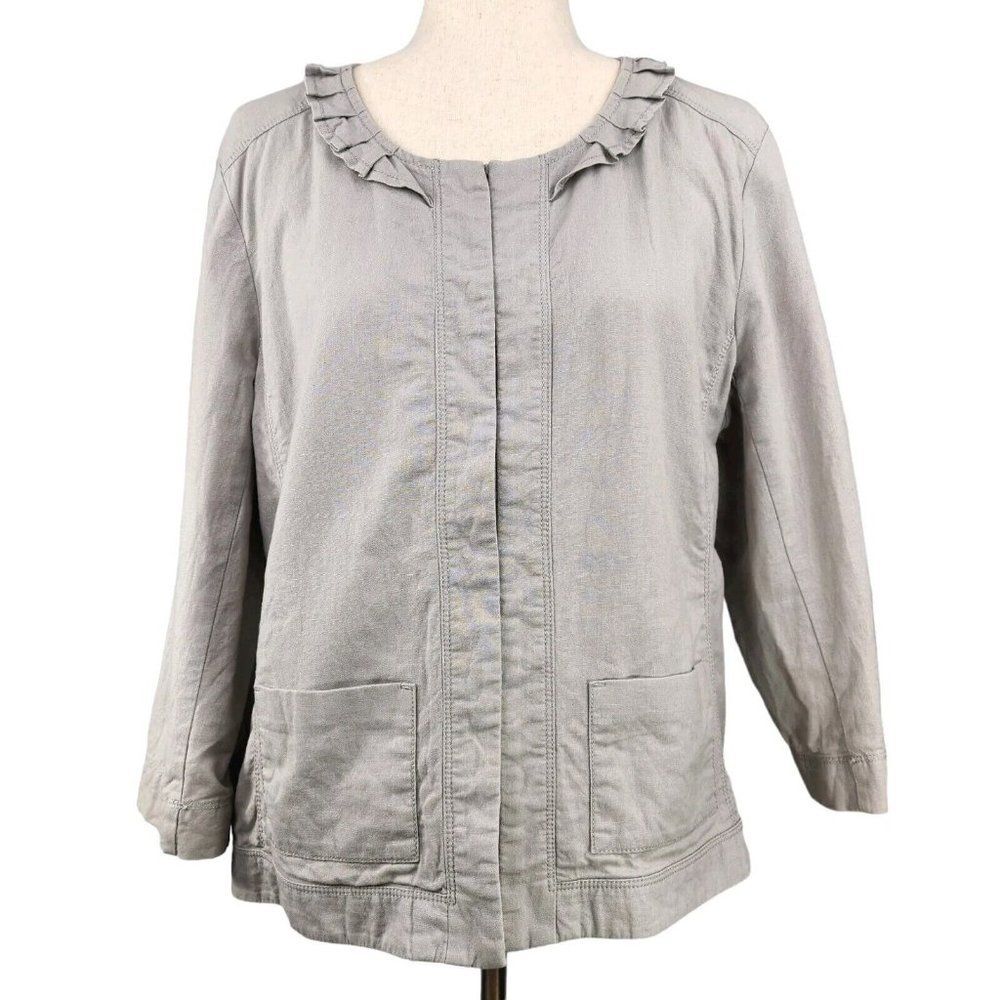 Ann Taylor Loft Linen Blend Top Size 14 Gray Ruffle Neckline Lagenlook